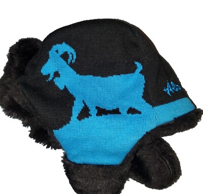 Vintage Alprausch Black Trapper Hat w/ Safety Enamel Pin Blue Mountain Goat 90s