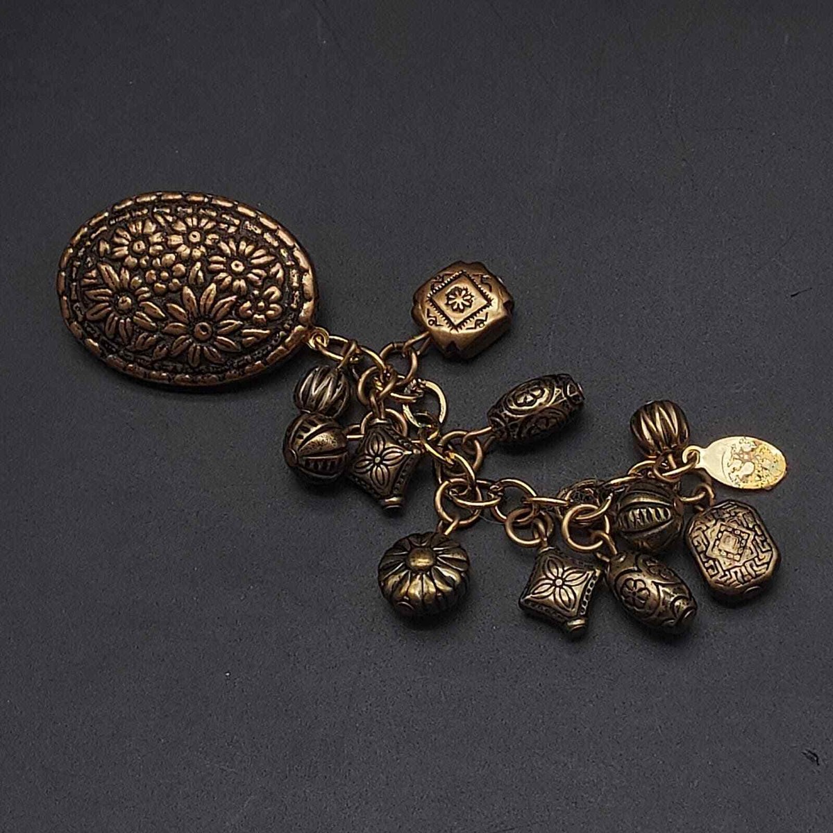 Vintage Three Ladies Brand Brooch Bronze Tone Charms Costume