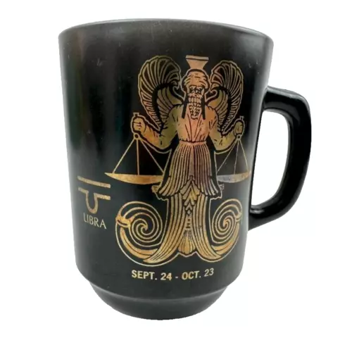 RARE Vintage Zodiac Libra Mug Black/Gold Anchor Hocking Fire King D Handle 8oz