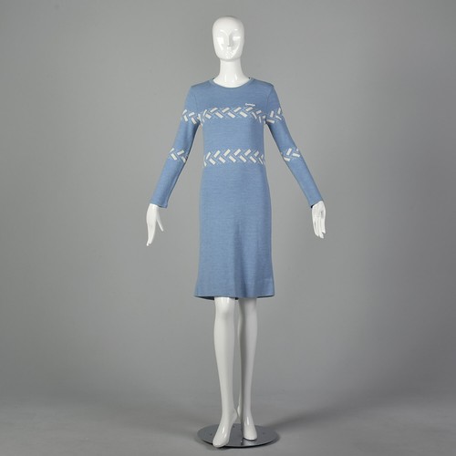 XS Courreges Blue Sweater Dress 1970s French Wool Knit Long Sleeves Winter VTG - Picture 4 of 10