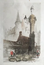 1839 Antique Print; Fish Market, Antwerp, Belgium after T.S. Boys