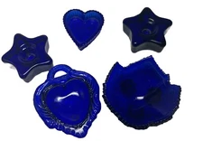 5 Piece Set Cobalt Blue Cut Glass Salt Cellars  Candle Holders Heart Star Leaf