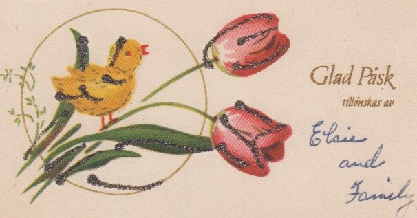 Glad Pask 1957. EASTER GREETINGS. Baby Chick, Tulips, Flowers. Vintage  Postcard