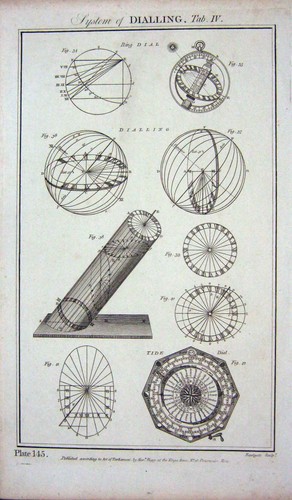 Original Old Antique Print System Dialling Ring Dial Tide Shapes Diagrams