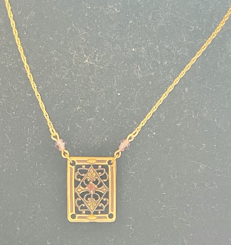 Vintage Accents By Hallmark Cards Filigree Gold Tone Necklace Purple Crystal EUC - Picture 8 of 10
