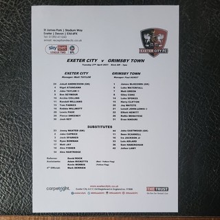 Teamsheet Exeter City v Grimsby Town 2020 / 2021 League 2