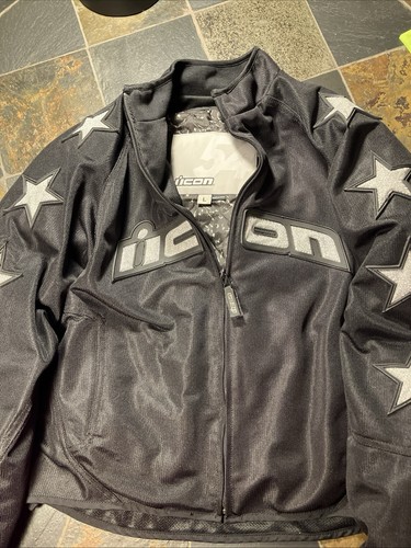 Icon 54 Black Mesh/Airflow Hooligan Motorcycle Jacket Silver Stars Large Black