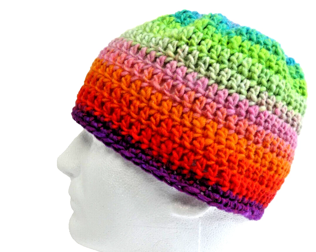 Multicolor Wool Skull Cap Colorful Hat Crochet Hand Knit Beanie Handmade NWT