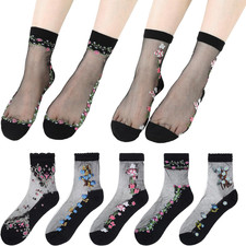 5 Pairs Womens Ankle Sheer Socks Transparent Embroidered Lace Socks Thin Floral