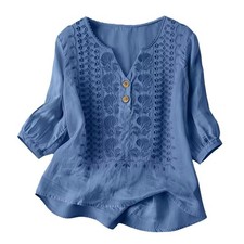 Women's Button V Neck Linen Cotton Blouse Tee Shirts Loose Embroidery Tops 6-20