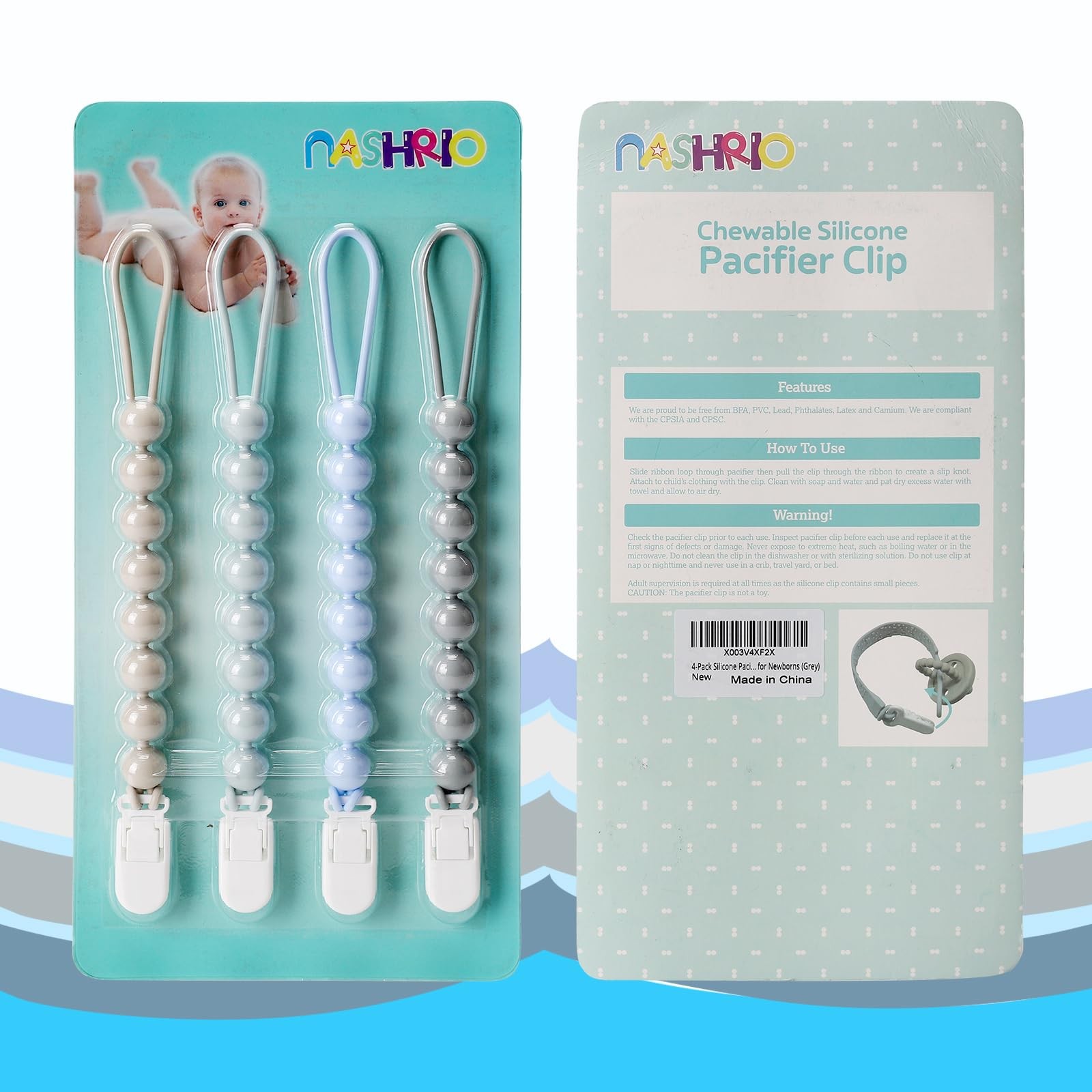 4-Pack Silicone Pacifier Clips for Baby Boys and Girls - with One-Piece Beads,