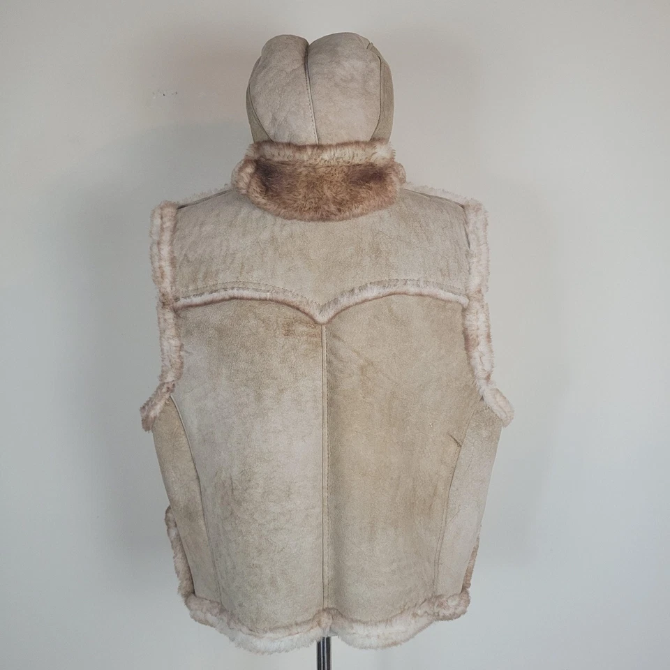 Shearling Vest Womens XL Tan Suede Sherpa Lined Western Cozy Warm Aviator Hood - Image 4 of 4