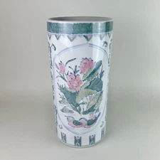 Vintage Ceramic Umbrella Stand 18” Asian Design Floral Birds Flowers