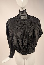 EARLY EDWARDIAN BLACK SILK  BRAID BLOUSE W HIGH LACE COLLAR