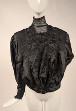 EARLY EDWARDIAN BLACK SILK + BRAID BLOUSE W HIGH LACE COLLAR