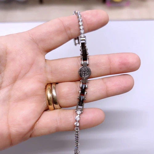 Bracciale Tennis Punti Cardinali Nero Acciaio Uomo con cristalli Swarovski B42 - Foto 2 di 3