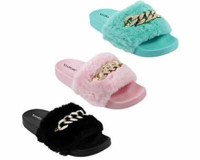 Women's Fluffy Faux Fur Slipper Slides w/Chain Emblishment Indoor/Outdoor  Slide