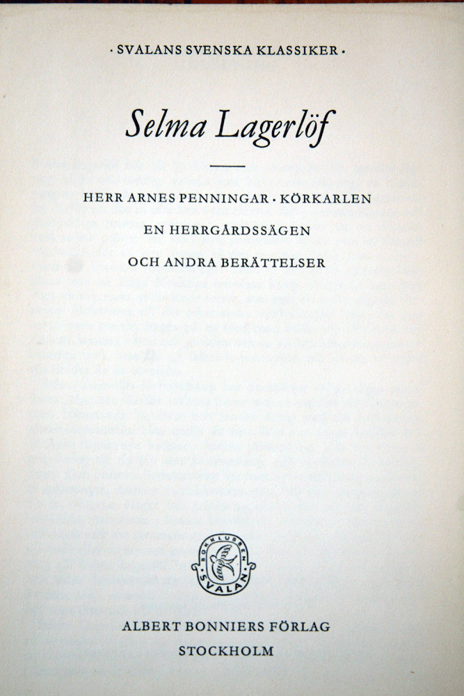 SELMA LAGERLOF Svalans Svenska Klassiker 1962 Albert Bonniers Forlag SWEDISH