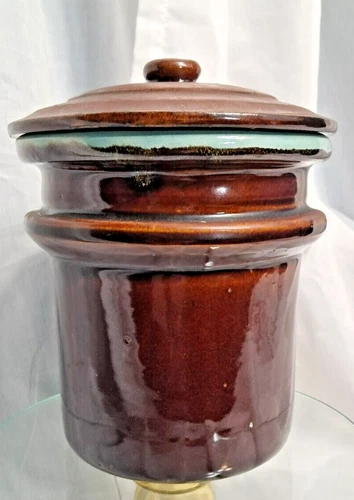 Vintage Red Wing Country Fare Glazed Pottery Turquoise Brown Crock W/ LID