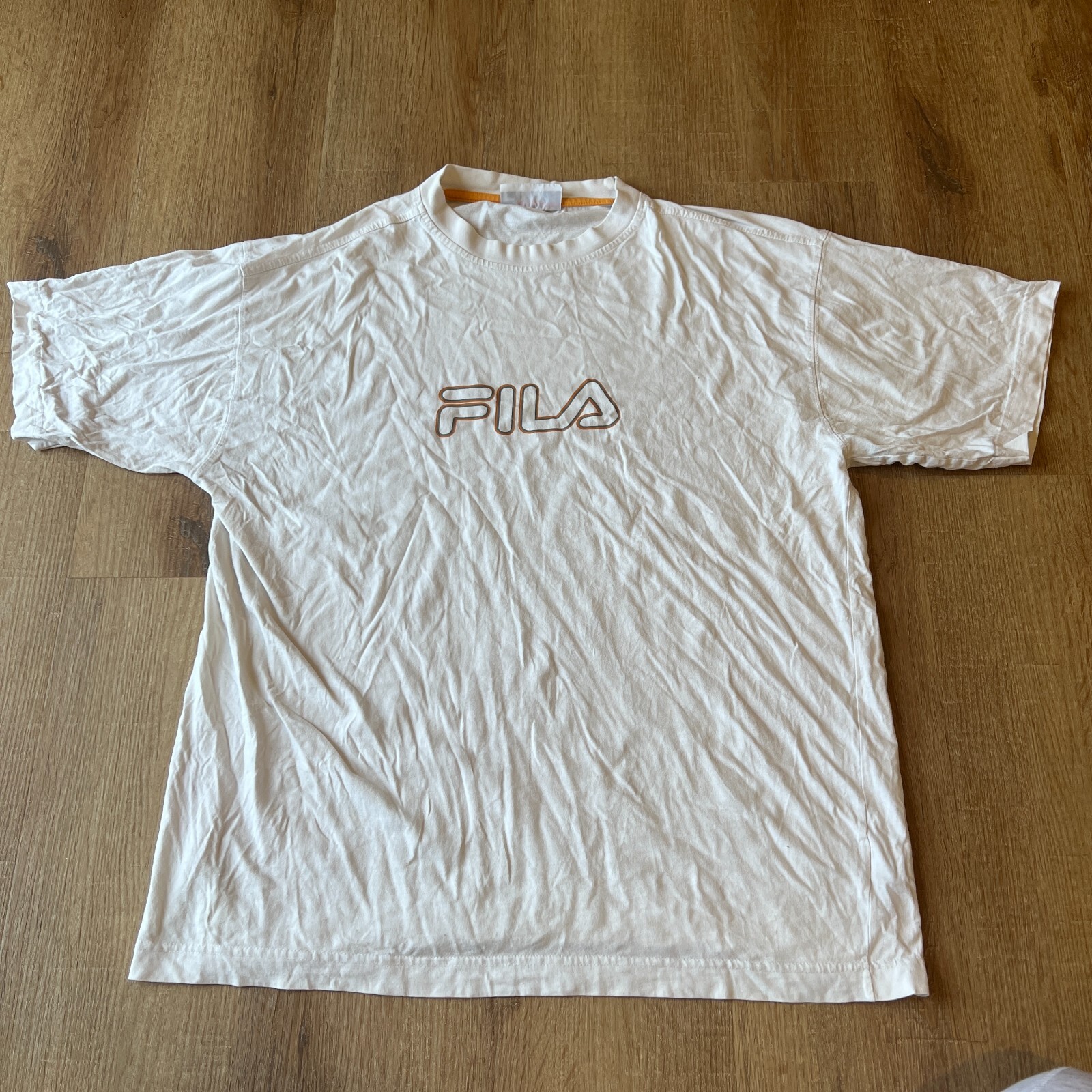 FILA Tshirt maglietta uomo grande bianca a righe logo Y2K XL vintage arancione spellout