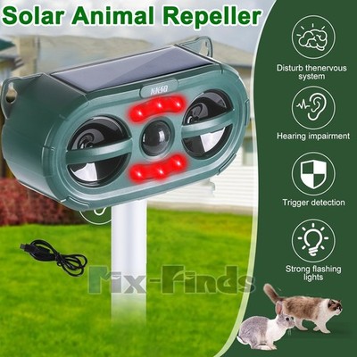 Solar Ultrasonic Animal Repeller PIR Sensor Flash LED Dog Cat Wildlife Repellent