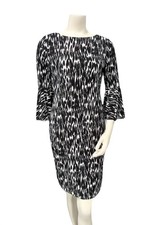Calvin Klein Black White Print Sheath Dress Bell Sleeve Knee Size 8