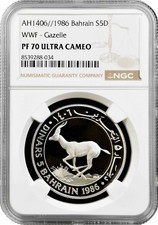 Bahrain 5 dinars 1986, NGC PF70 UC, "World Wildlife Fund - Gazelle" Top Pop