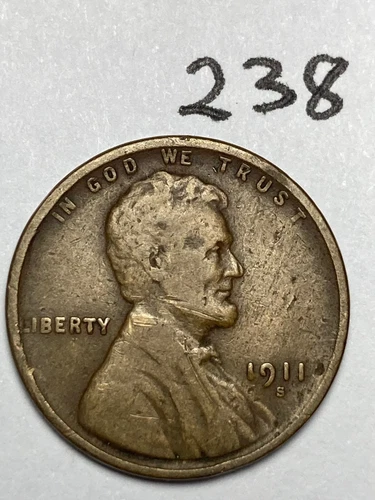 1911-S LINCOLN WHEAT CENT, rare date, "FINE" condition #238