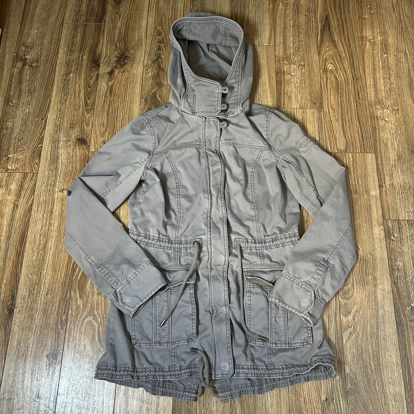 Y2K Abercrombie & Fitch Utility Military Jacket Pockets Hooded Gray Women Size L