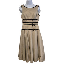 Liz Claiborne Women's Fit & Flare Midi Dress Sleeveless Tan w/ Black Trim Size 6