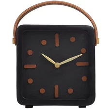 7 In. X 8 In. Black Metal Small Clock with Leather Handle and Hour Markers