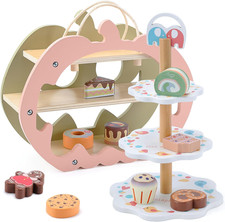 Wooden Toy Tea Party Set, Kids Dessert Playset with Double-Sided Holiday Stand,