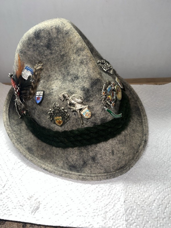 Vintage  German Bavarian Felt Wool Tyrolean Rope Mountain Hat, 16 Pins
