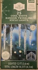 Holiday Time 25 Cool White Random Twinkling Icicle Lights LED White Wire 12 Ft