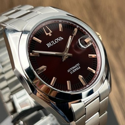 Bulova Surveyor Amber red Dial Stainless Steel Automatic Men's Watch 98B422