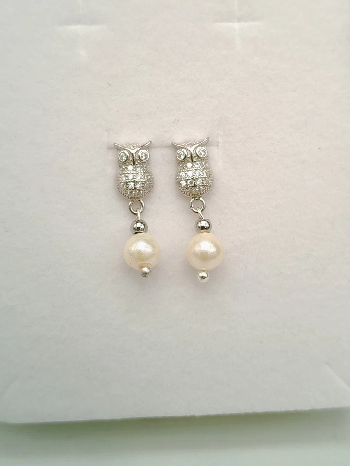 Orecchini donna a lobo argento bianco 925 perla vera naturale gufetto - Immagine 2 di 4