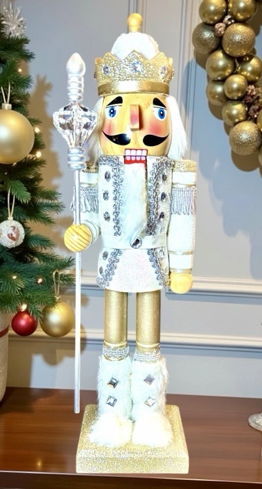 Tinsel & Fur Snow King Nutcracker 14” White & Silver Metallic Brocade Glitter