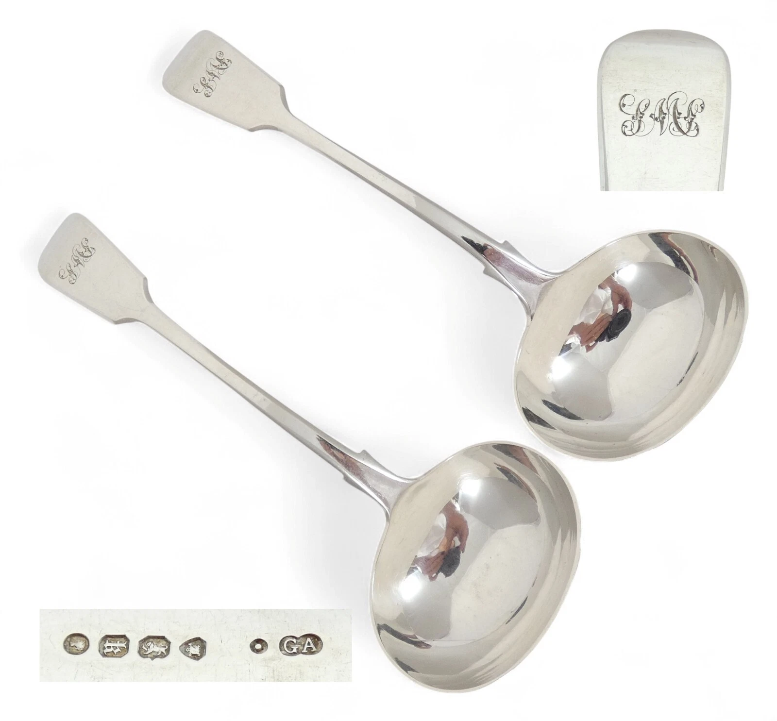 Antique Victorian 1865 Pair of Sterling Silver Sauce Gravy Ladles Fiddle Back GA