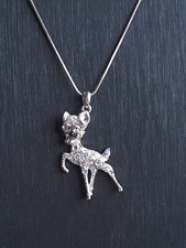 Fashion Necklace Baby Deer Fawn Silver Tone Gift Pendant Clear Crystal Kitsch