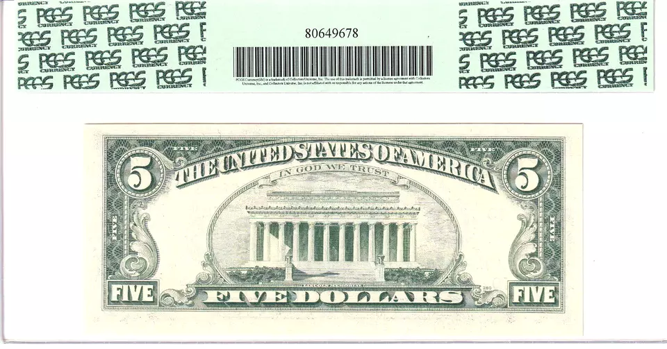 1977 $5 Federal Reserve Note Kansas City PCGS Very Choice New 64PPQ #J00550503A - Image 2 of 2