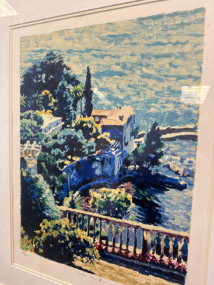 Signed Hazel Soan Terrace View 3 Sea Serigraph Painting in Gold