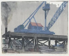 The Timber Crane 1926 – Ethel Spowers Modernist Linocut Industrial Landscape