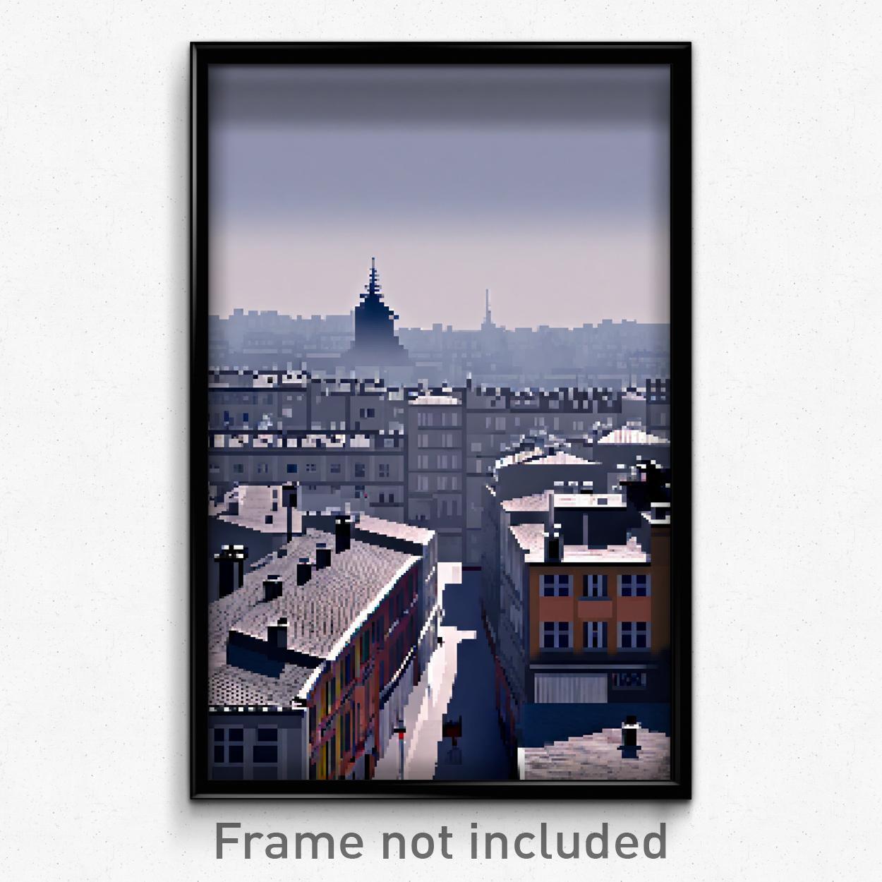 8-Bit Gray French City Pixel Art Poster - Psychedelic Trippy Game Print