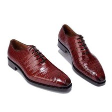 Handmade Bespoke Men's Burgundy Color Pure Leather Laces Alligator Texture Shoes