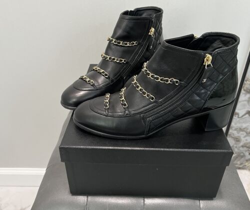 Chanel Black Leather Gold Chain Ankle Boots 39.5 8.5 - Picture 1 of 3