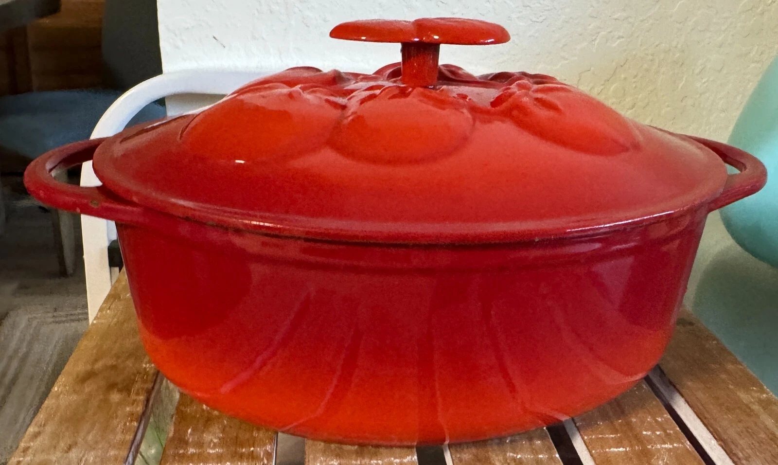 Technique 4 Quart Red Cast Iron Dutch Oven with Tomato Design on LId