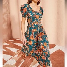 Ulla Johnson Golda Orange Floral-Print Cut-Out Cotton-Poplin Midi Dress