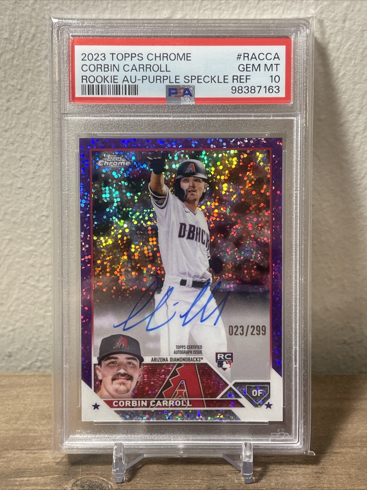 2023 Topps Chrome Corbin Carroll RC Purple Speckle Refractor AUTO 23/299 PSA 10