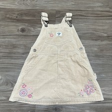 OshKosh B'gosh VTG Girls Beige Corduroy Overall Dress Floral Embroidered 2T