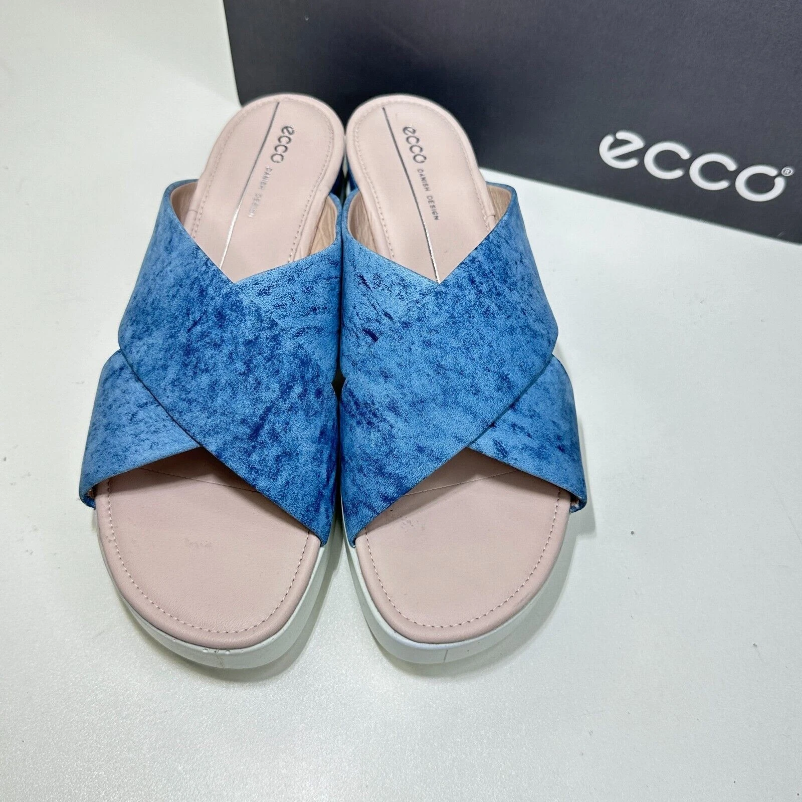 Sandali slip on Ecco Touch plateau slide pelle blu donna EU41 10 10 5 nuovi con etichette